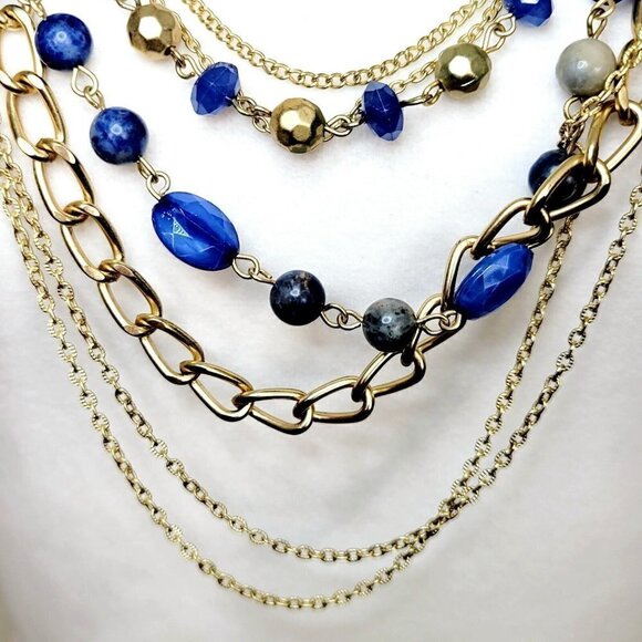 Large Multi-Gemstone Necklace Multi-Strand Gold Tone Statement Chains & Beads - Picture 4 of 9